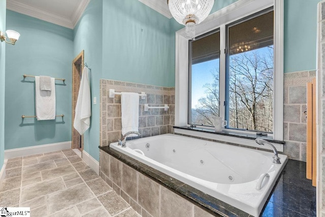 400 Stony Rd, Landrum, SC 29356 - full bathroom featuring a chandelier, baseboards, a stall shower, crown molding, and a jetted tub