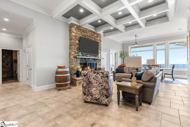 400 Stony Rd, Landrum, SC 29356 - living room featuring beam ceiling, crown molding, a stone fireplace, and baseboards