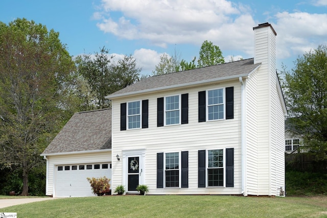 colonial home featuring a chimney, a garage, driveway, roof with shingles, and a front lawn