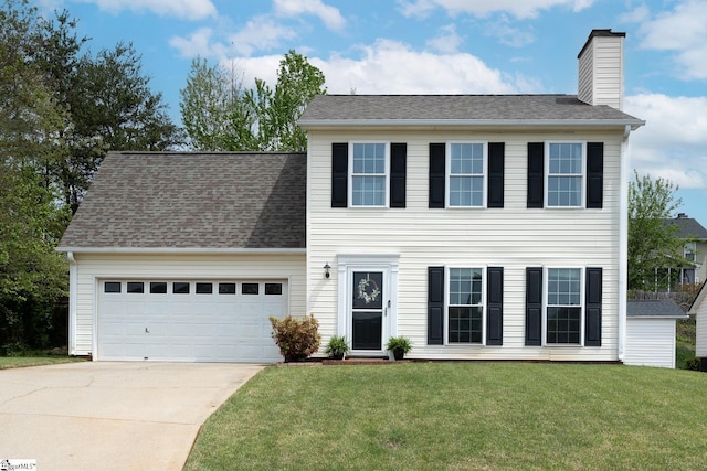 colonial-style house with concrete driveway, a garage, a front lawn, and a chimney