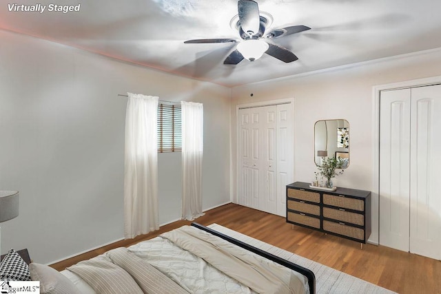 bedroom with ceiling fan, wood finished floors, and multiple closets
