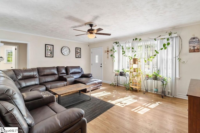 living area featuring a textured ceiling, light wood-style floors, a ceiling fan, and baseboards
