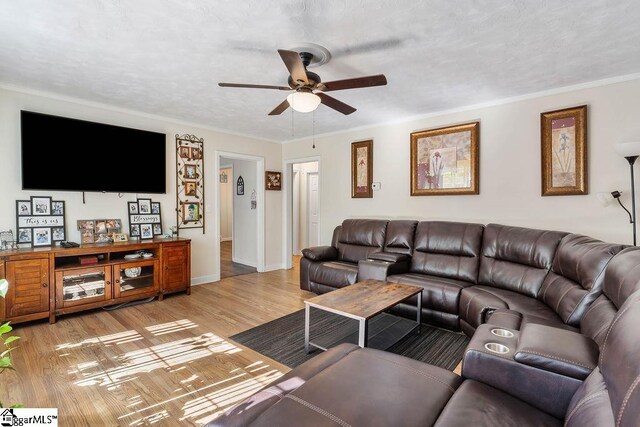 living area featuring ornamental molding, a ceiling fan, baseboards, and light wood-type flooring