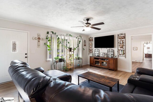 living area featuring visible vents, a ceiling fan, light wood-style floors, and crown molding