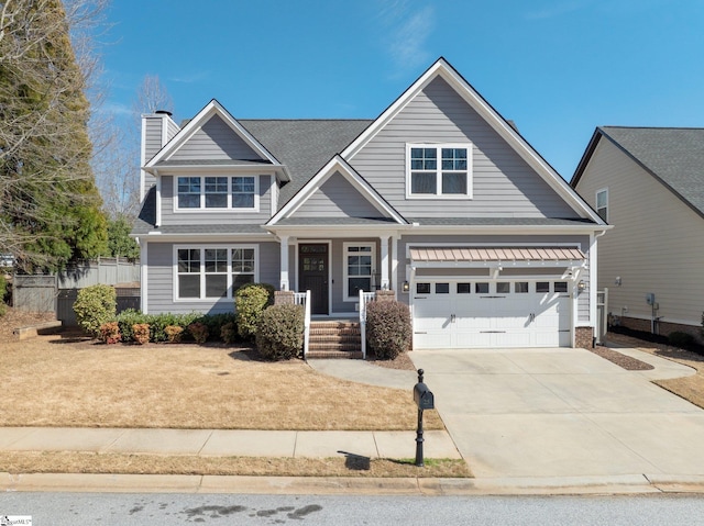 25 Palladio Dr, Greenville, SC 29617 - craftsman inspired home with a porch, a garage, a shingled roof, a chimney, and concrete driveway