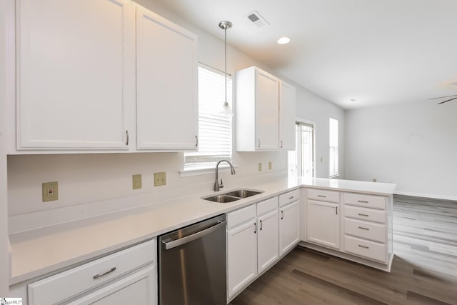 9 Dunsborough Dr, Simpsonville, SC 29680 - kitchen featuring dishwasher, a sink, white cabinetry, visible vents, and a peninsula