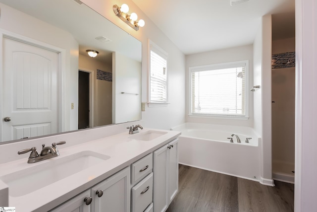 9 Dunsborough Dr, Simpsonville, SC 29680 - full bathroom with a garden tub, double vanity, a sink, and wood finished floors