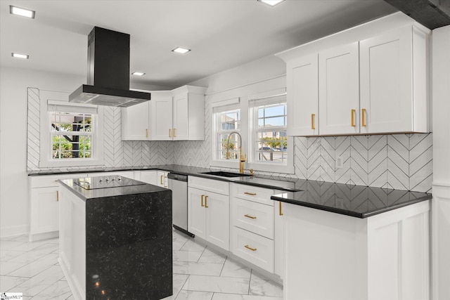 kitchen with a sink, dishwasher, black electric cooktop, island exhaust hood, and marble finish floor