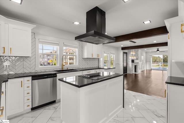 kitchen featuring island range hood, stainless steel dishwasher, marble finish floor, and a sink