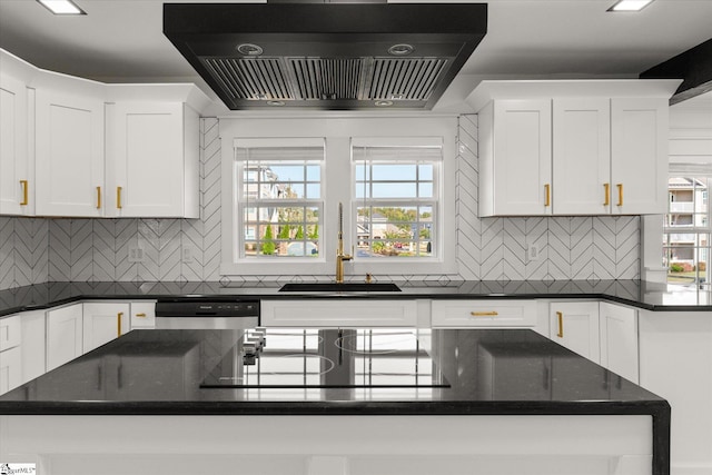 kitchen featuring black electric stovetop, tasteful backsplash, dishwashing machine, extractor fan, and white cabinets
