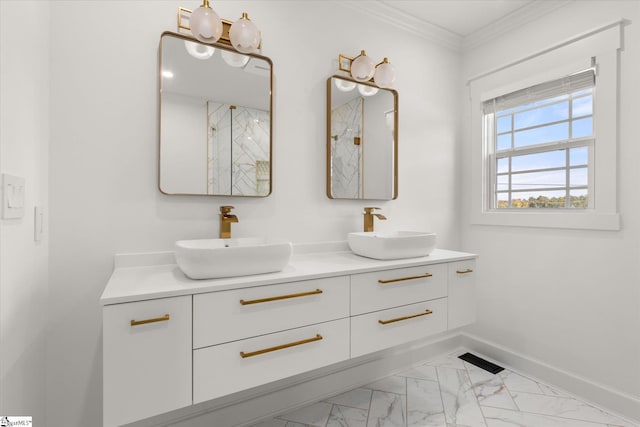 bathroom with visible vents, ornamental molding, marble finish floor, and a sink