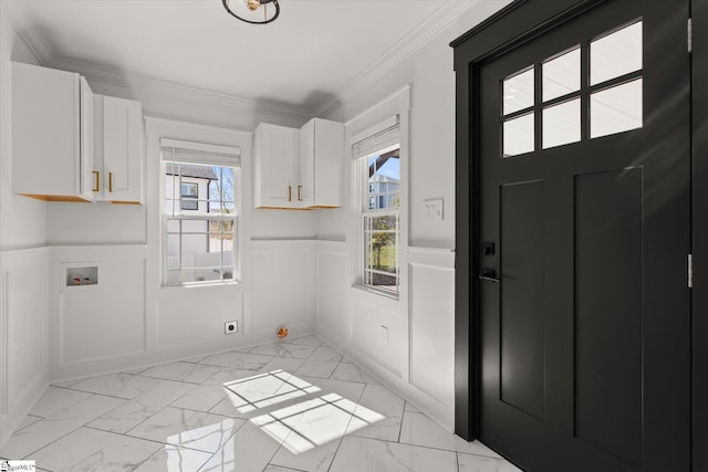 3426 Brushy Creek Rd, Greer, SC 29650 - washroom featuring cabinet space, washer hookup, light marble finish flooring, hookup for an electric dryer, and wainscoting