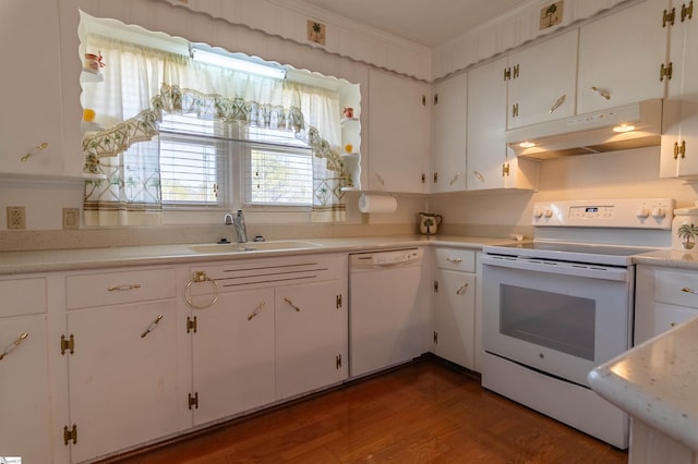 kitchen featuring wood finished floors, white appliances, white cabinetry, under cabinet range hood, and a sink
