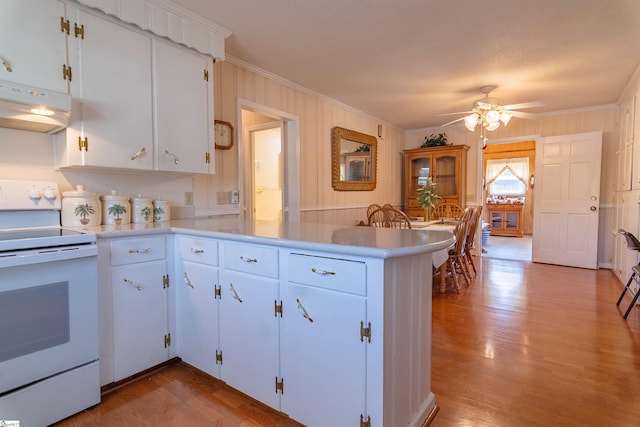 kitchen with light countertops, white range with electric stovetop, ornamental molding, and light wood finished floors