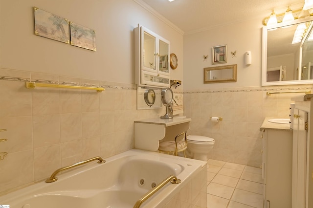bathroom with tile walls, tile patterned flooring, toilet, and a tub with jets