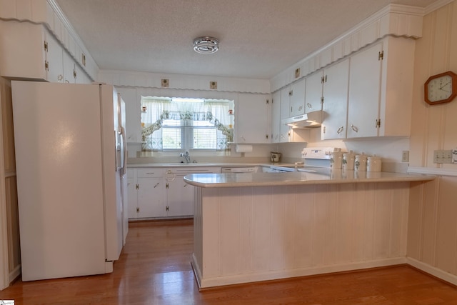 kitchen with a sink, light wood finished floors, white appliances, a peninsula, and under cabinet range hood