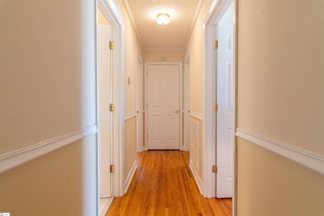 corridor featuring crown molding, a textured ceiling, and light wood-type flooring
