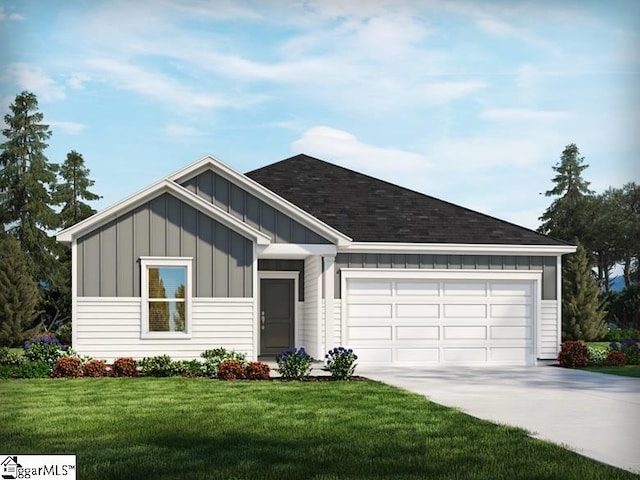 750 Treeline Rd, Moore, SC 29369 - single story home featuring driveway, board and batten siding, a shingled roof, a front yard, and an attached garage