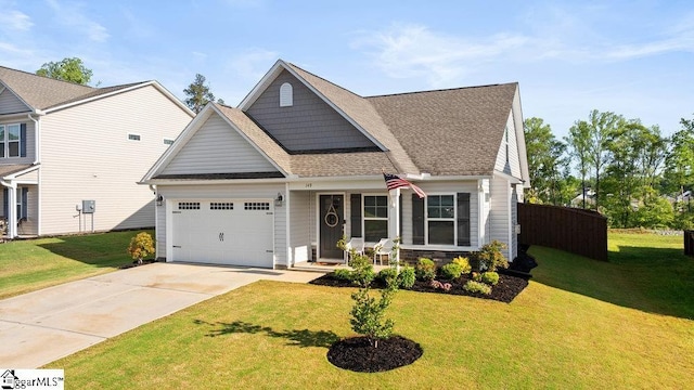 149 Bruinen Dr, Fountain Inn, SC 29644 - view of front of property with driveway, a shingled roof, fence, a front lawn, and a garage