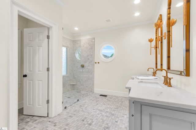 full bathroom with vanity, crown molding, baseboards, walk in shower, and recessed lighting