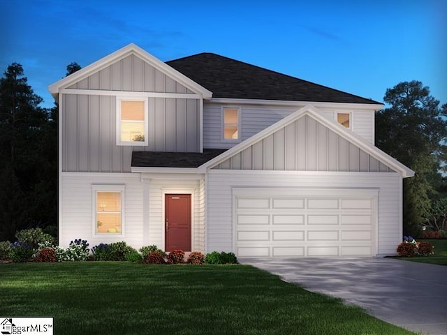 view of front of property featuring concrete driveway, a front yard, a shingled roof, and board and batten siding