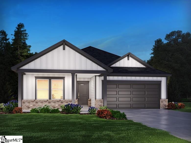 modern farmhouse with a garage, board and batten siding, a front lawn, and driveway