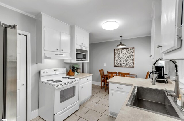 kitchen featuring white range with electric cooktop, white cabinetry, stainless steel microwave, under cabinet range hood, and a sink