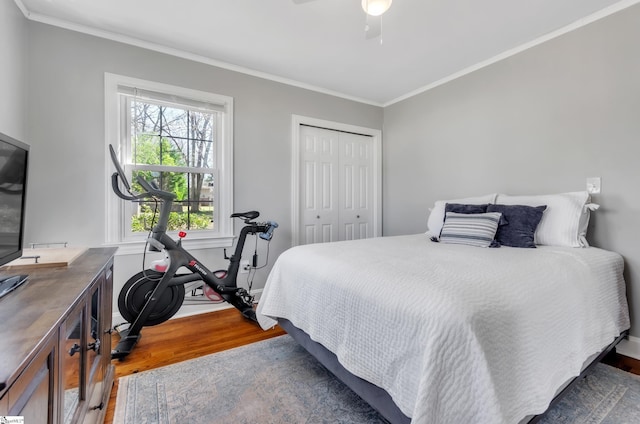 bedroom featuring crown molding, a ceiling fan, wood finished floors, and a closet