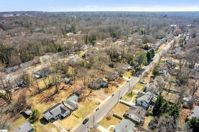 drone / aerial view with a forest view and a residential view
