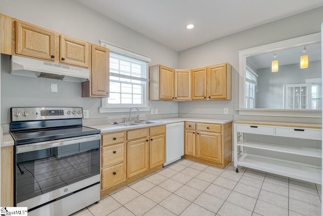 kitchen featuring white dishwasher, stainless steel electric range, light countertops, a sink, and under cabinet range hood