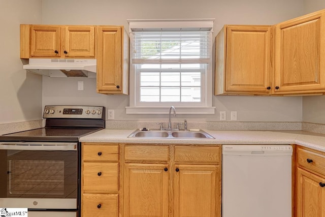 kitchen featuring white dishwasher, stainless steel electric range, light countertops, a sink, and under cabinet range hood