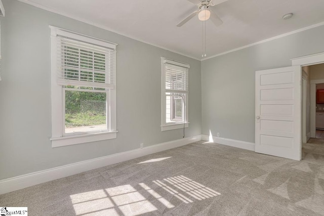 spare room featuring baseboards, ornamental molding, carpet flooring, and ceiling fan