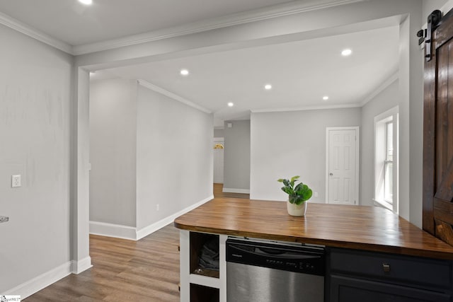 kitchen featuring dishwasher, butcher block countertops, recessed lighting, wood finished floors, and ornamental molding