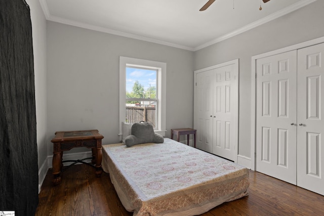 bedroom with ornamental molding, two closets, dark wood-style floors, and ceiling fan
