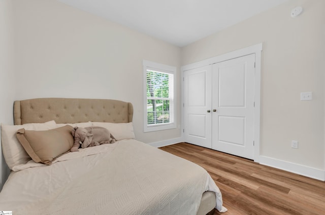 bedroom with baseboards, wood finished floors, and a closet