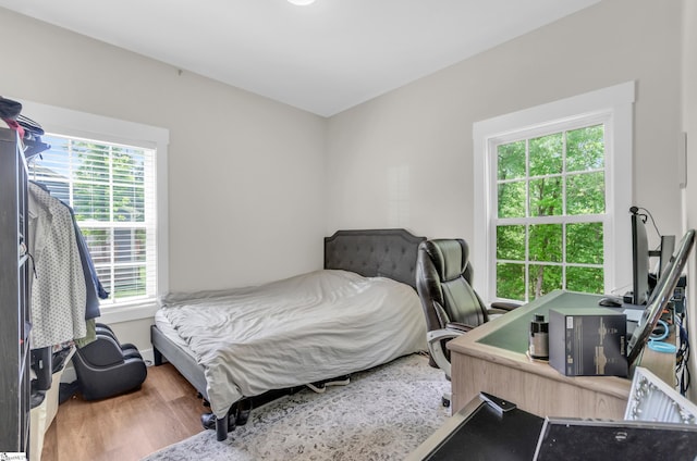 bedroom with multiple windows and wood finished floors