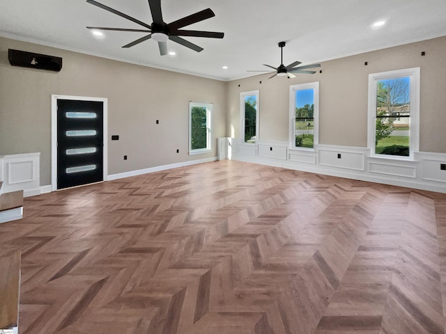 1611 Scuffletown Rd, Fountain Inn, SC 29644 - unfurnished living room featuring recessed lighting, a ceiling fan, crown molding, and a wainscoted wall