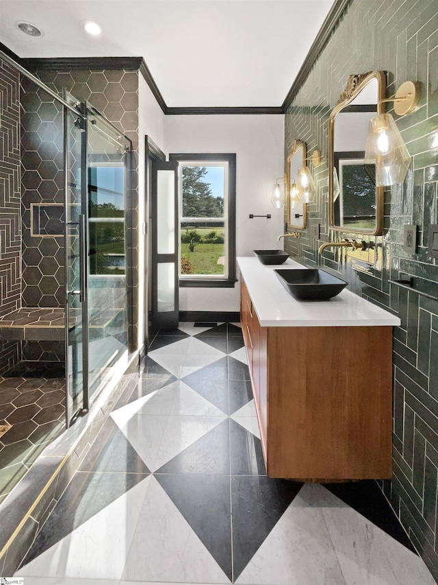 1611 Scuffletown Rd, Fountain Inn, SC 29644 - full bathroom with a sink, ornamental molding, a stall shower, and double vanity