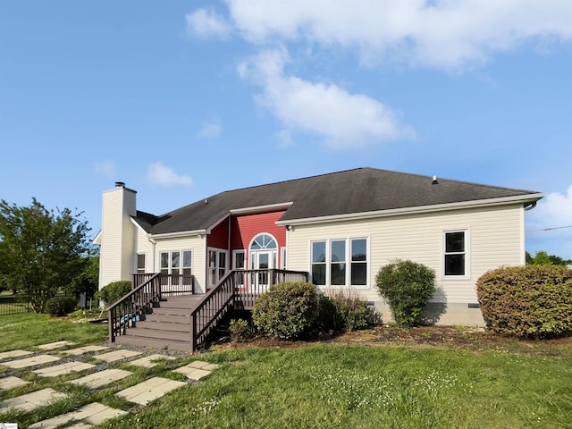 1611 Scuffletown Rd, Fountain Inn, SC 29644 - view of front facade with crawl space, a chimney, a front yard, a wooden deck, and stairs