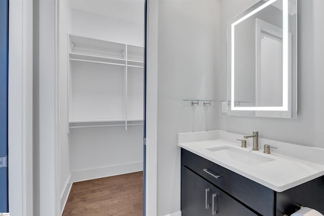 bathroom featuring a spacious closet, wood finished floors, and vanity