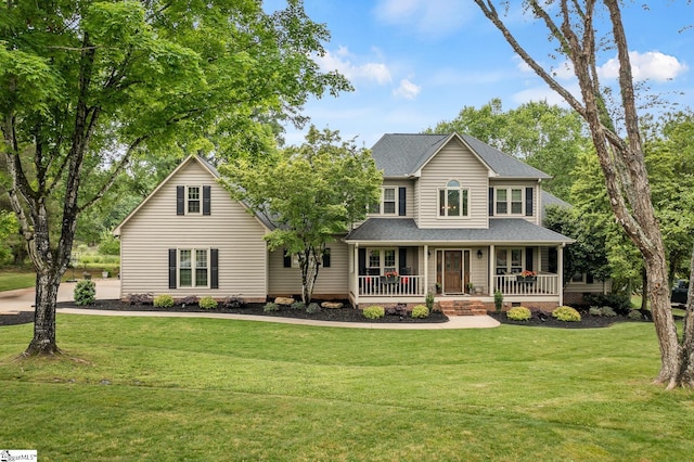 view of front of property featuring a front lawn, covered porch, and crawl space