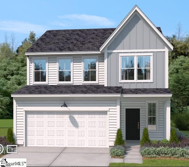 26 Limestone Way, Greenville, SC 29607 - view of front of home featuring board and batten siding, an attached garage, concrete driveway, and a shingled roof
