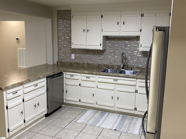 kitchen with white cabinets, a sink, stainless steel appliances, a peninsula, and backsplash