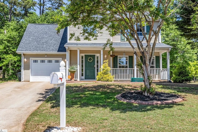 2 Susana Dr, Greer, SC 29651 - view of front of home with covered porch, driveway, roof with shingles, a garage, and a front lawn