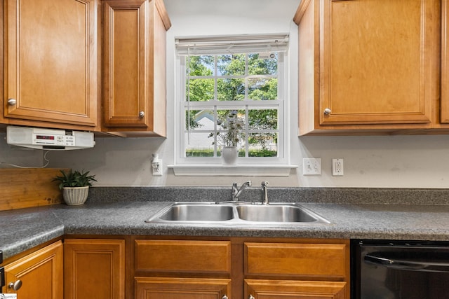 2 Susana Dr, Greer, SC 29651 - kitchen featuring a sink, dark countertops, brown cabinetry, and black dishwasher