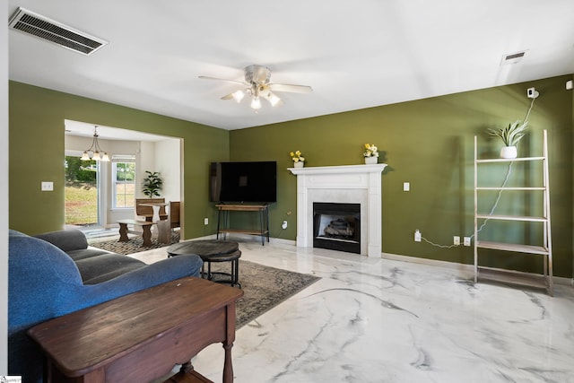 2 Susana Dr, Greer, SC 29651 - living area with ceiling fan, a fireplace, marble finish floor, baseboards, and visible vents