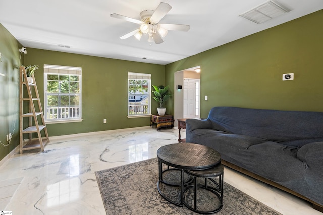 2 Susana Dr, Greer, SC 29651 - living room featuring baseboards, a ceiling fan, marble finish floor, and visible vents