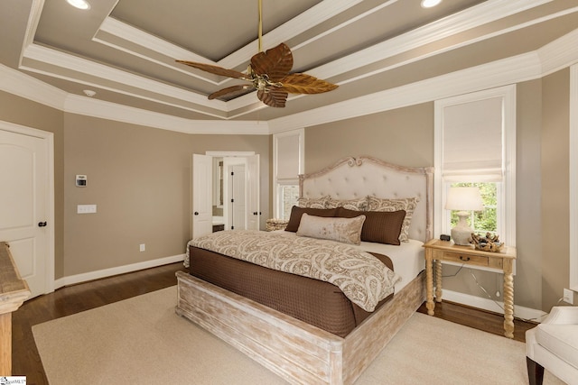 17 Avens Hill Dr, Greer, SC 29651 - bedroom featuring ornamental molding, wood finished floors, baseboards, a tray ceiling, and a ceiling fan