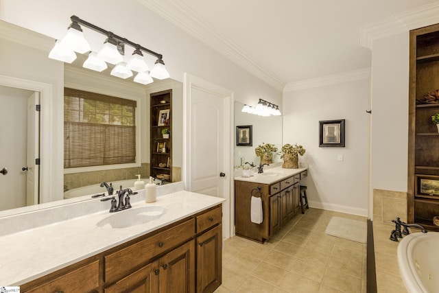 17 Avens Hill Dr, Greer, SC 29651 - bathroom featuring a sink, tile patterned flooring, two vanities, ornamental molding, and a garden tub