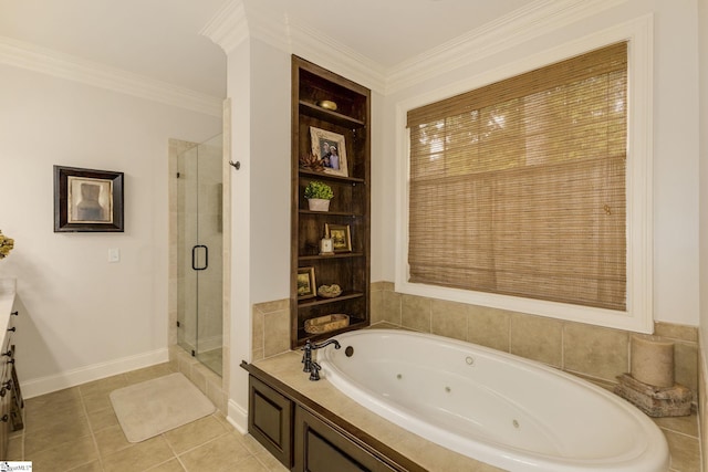 17 Avens Hill Dr, Greer, SC 29651 - bathroom with a whirlpool tub, ornamental molding, tile patterned flooring, and a shower stall